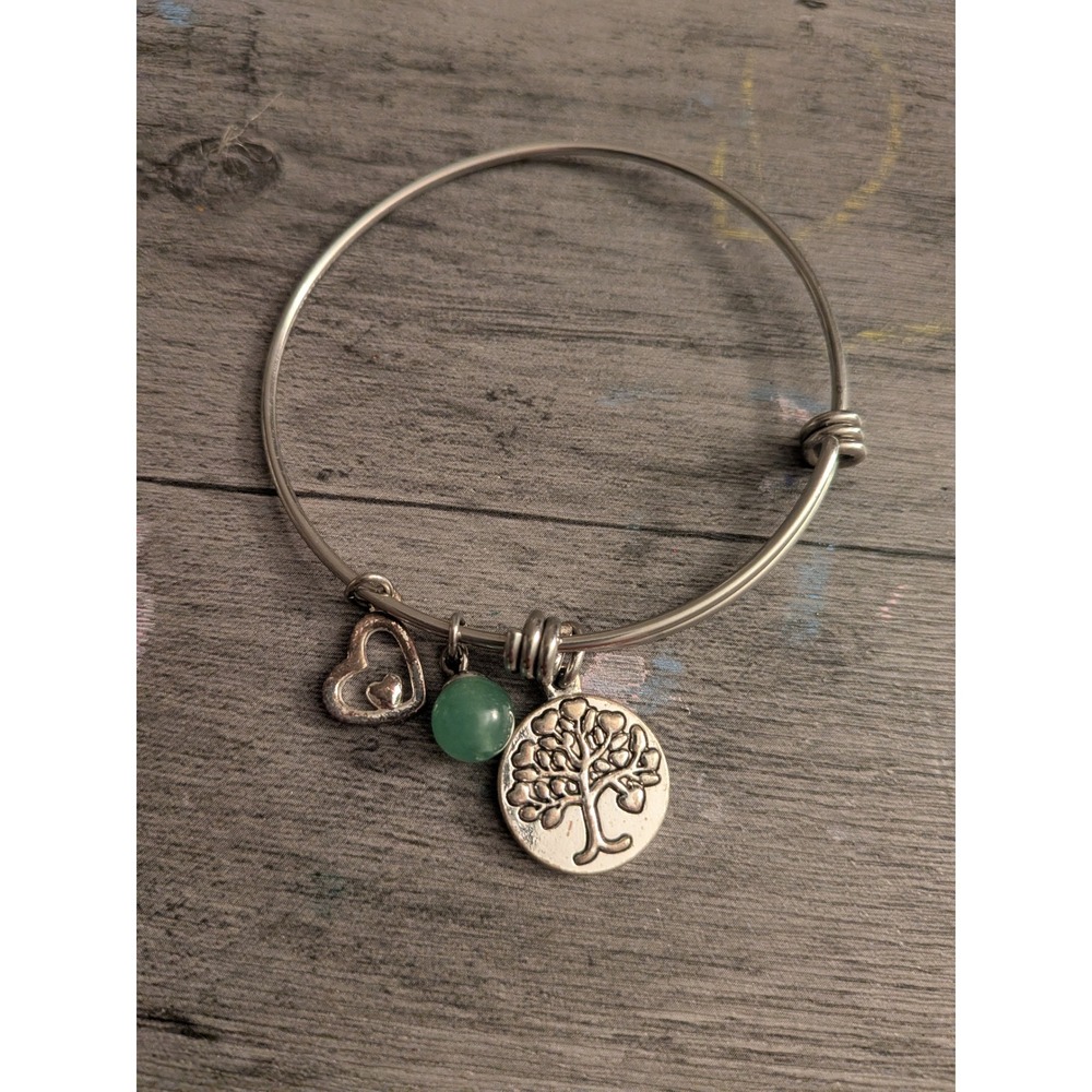 Silver Tone Tree of Life Heart Green Bead Expandable Wire Bangle Bracelet